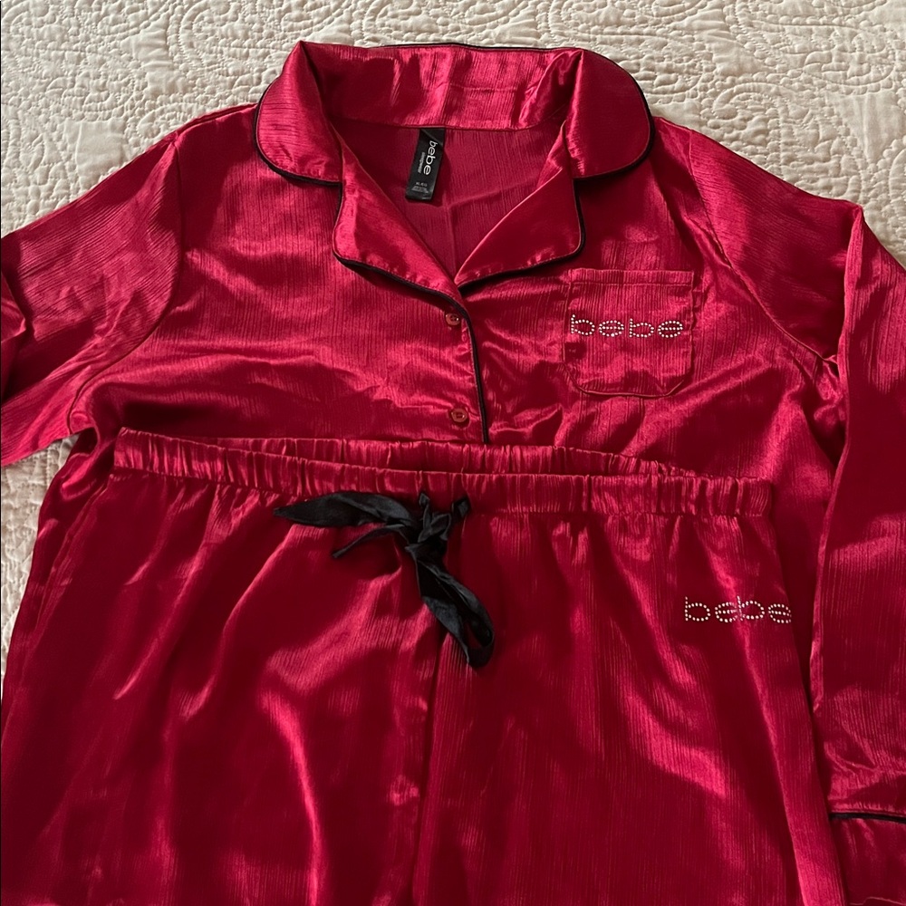 New Bebe Rhinestone Logo Luxury Crinkle Satin Piped 2-pc Long Pajama Set XL Red